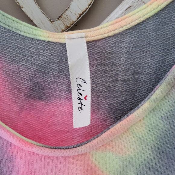 Celeste Women's Soft French Terry Ruffle Relaxed Tank Top Retro Neon Tie Dye - Picture 3 of 7